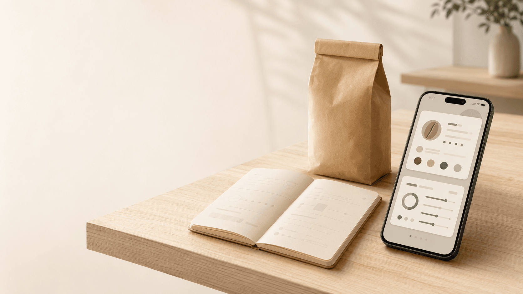 コーヒー豆の袋とノート、記録用のカードUIを表示したスマートフォン