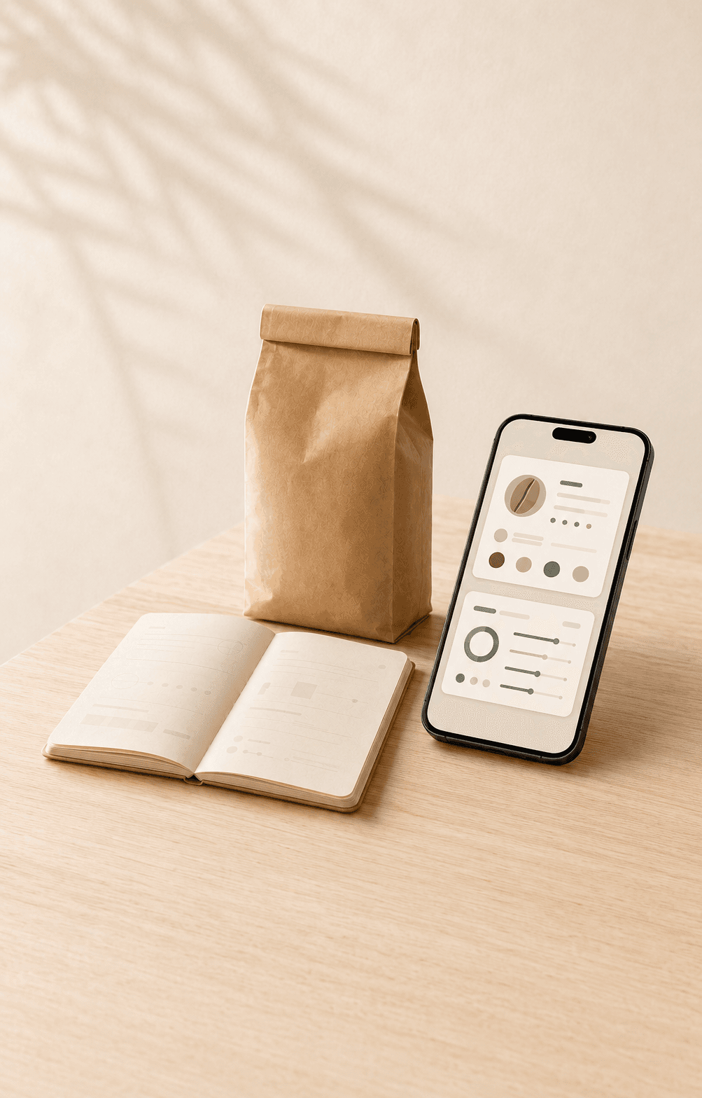コーヒー豆の袋とノート、記録用のカードUIを表示したスマートフォン