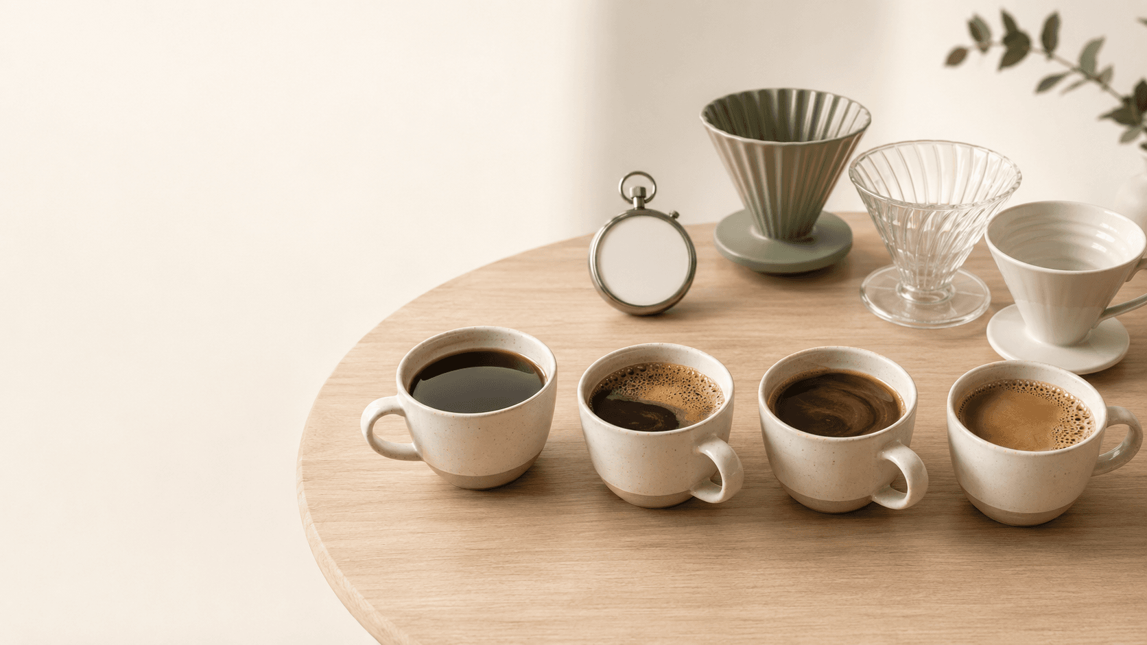 仕上がりが少しずつ異なる数杯のハンドドリップコーヒーとストップウォッチ