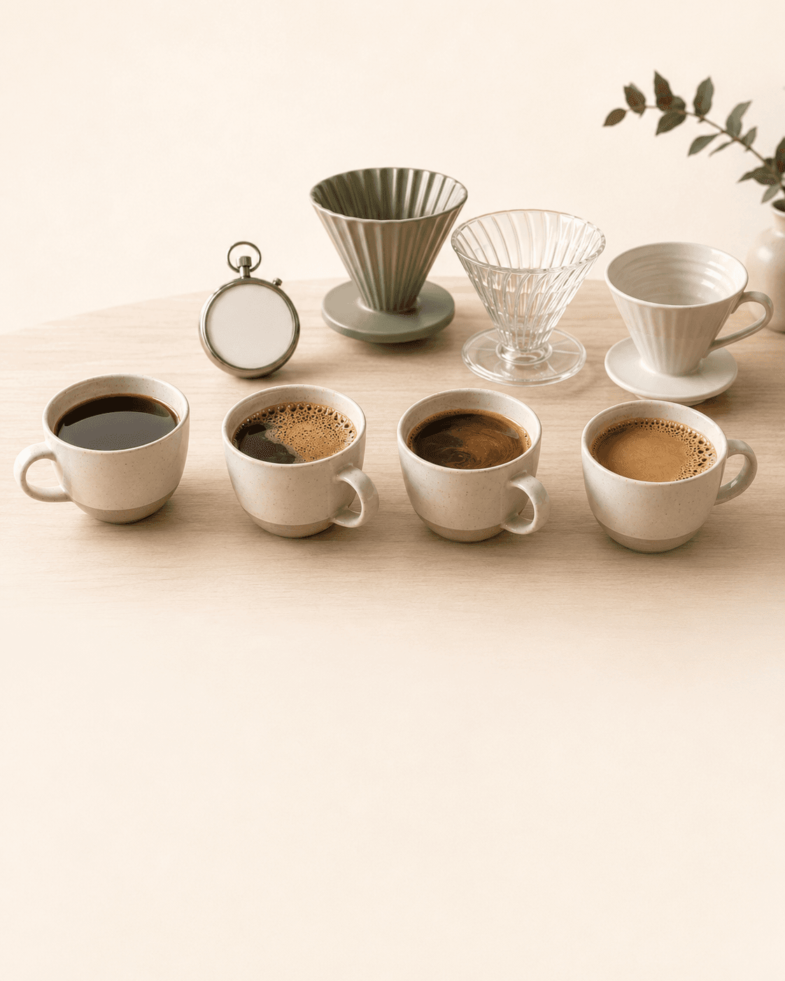 仕上がりが少しずつ異なる数杯のハンドドリップコーヒーとストップウォッチ